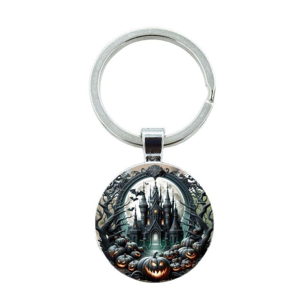 Round Metal Keychain Pendant with Alloy Material and Halloween Castle Pumpkin Print for Durable Everyday Use