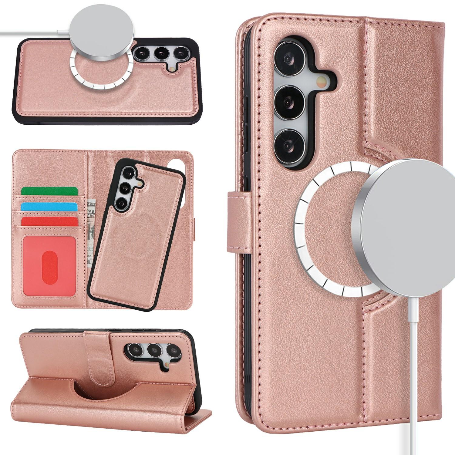 

For Samsung Galaxy S24+ Wallet Case Compatible with MagSafe Anti-Drop Detachable PU Leather Phone Cover Rose Gold