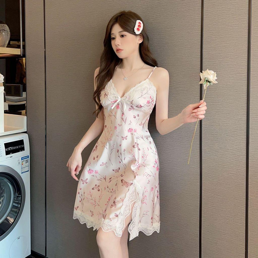 V Neck Sleeveless Sleepwear For Women With Floral Prints Summer Comfortable Ice Silk Nightdress For Young Ladies