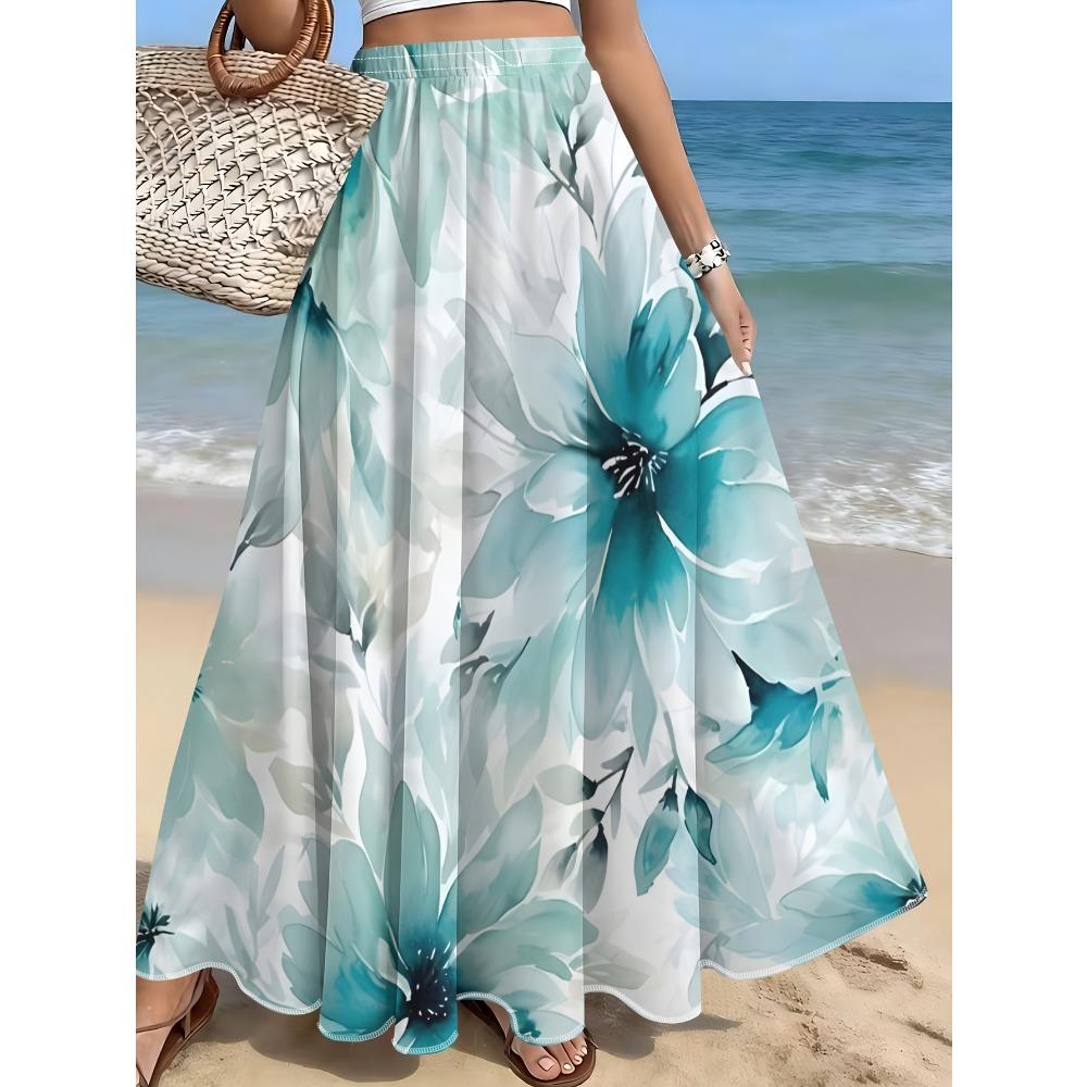 Summer Women's Teal Blue Watercolor Floral Print Skirt, Beach Vacation Style Loose Fit Versatile Casual Long Skirt