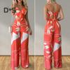 2 Pcs/Set Women Vacation Outfit V Neck Backless Sleeveless Camisole High Waist Wide Leg Printed Pants Set Beach Crop Top Trousers Set Resort Wear