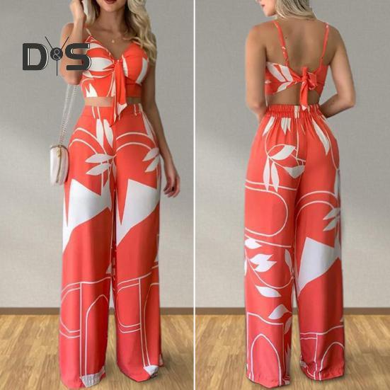 2 Pcs/Set Women Vacation Outfit V Neck Backless Sleeveless Camisole High Waist Wide Leg Printed Pants Set Beach Crop Top Trousers Set Resort Wear