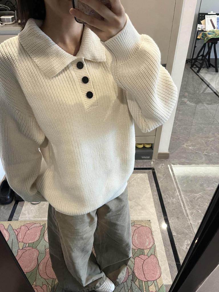 Women's Retro Cream White Polo Collar Sweater - Autumn/Winter Loose Knit Cardigan Pullover