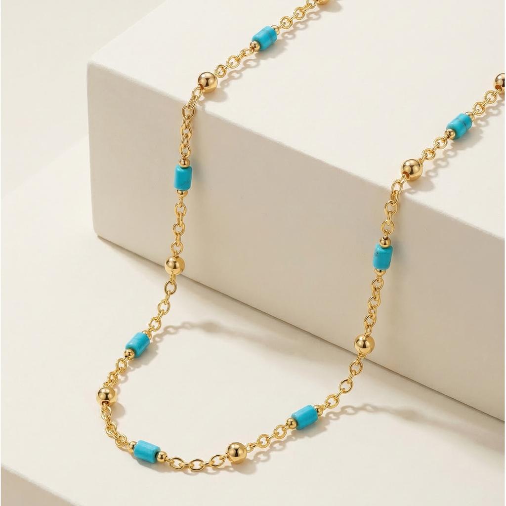 Handmade Turquoise Choker Necklace Beaded Cylinder Stone Chain for Women Summer Beach Boho Vacation Jewelry