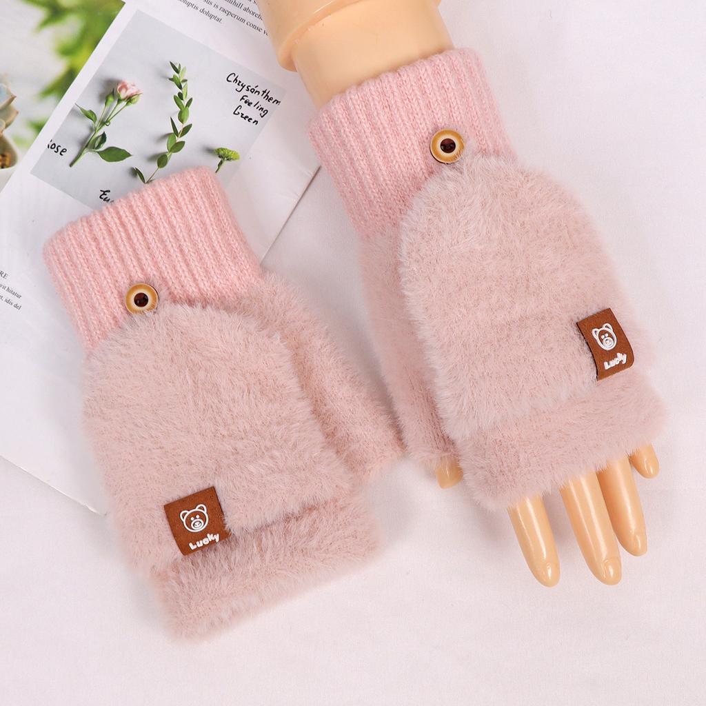 New Korean version knitted plush half-finger flip gloves women's autumn and winter warm solid color student typing and writing male trend