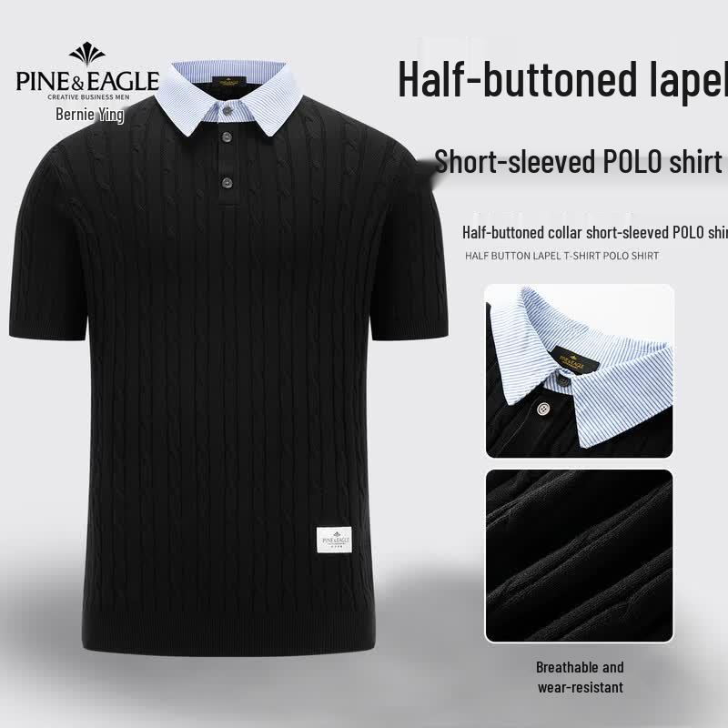 Men s Breathable Color Block Cable Knit Polo Shirt XL