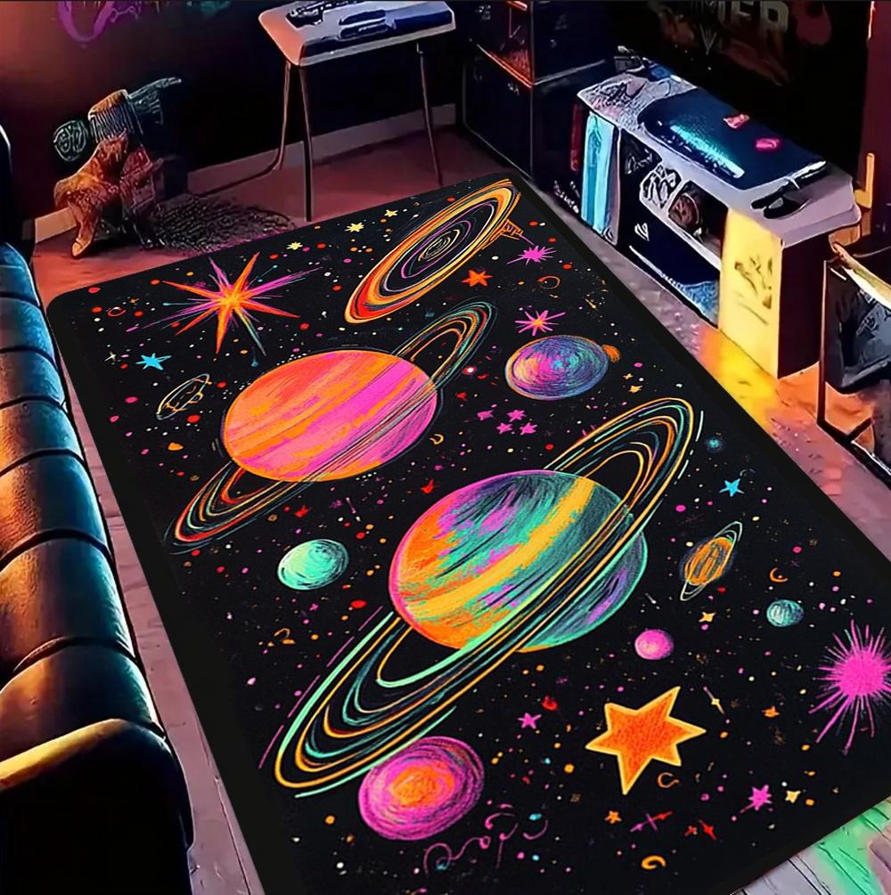 Neon Galaxy Planet Rug Solar System Floor Mat for Bedroom Living Room Anti-Slip UFO Space Carpet for Room Game Room Decor