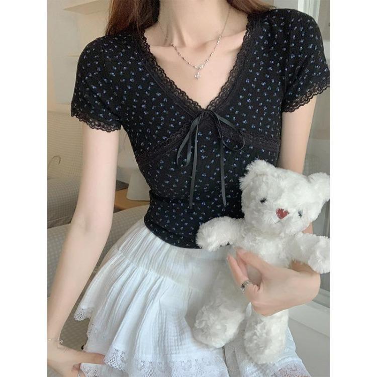 Korean Style Slim Fit Short Sleeve V Neck Lace Bow Blouse Sweet Girls Elastic Casual T Shirt S