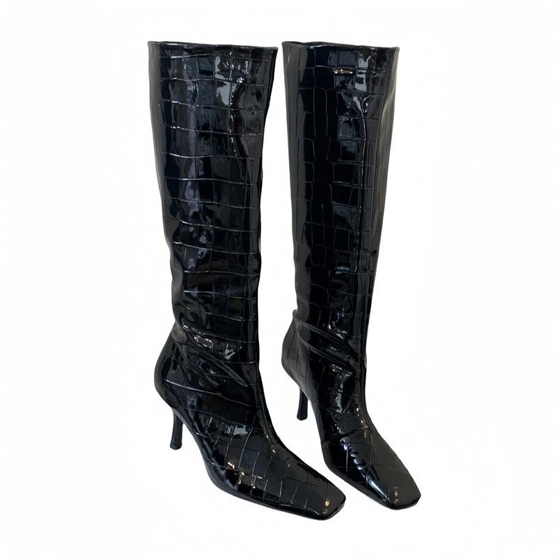 2025 new square head high-heeled white knight boots crocodile pattern high tube European and American knee-length boots