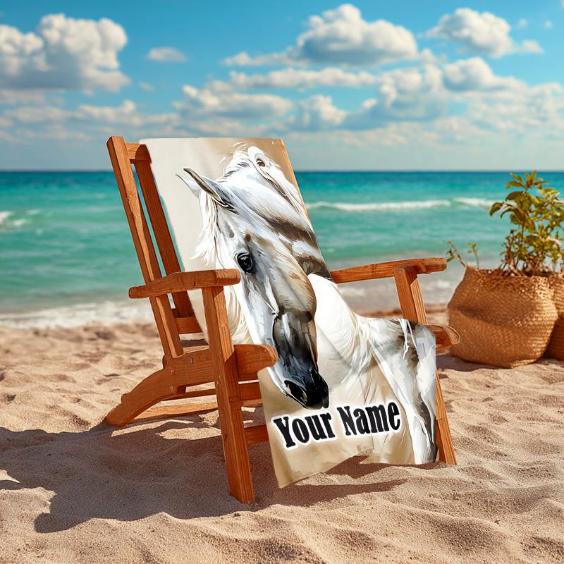 1PC Custom Name Elegant Horse Portrait Beach Towel Highly Absorbent And Sand-Resistant Towel for Swimming, Pool, Yoga, And Travel Lightweight