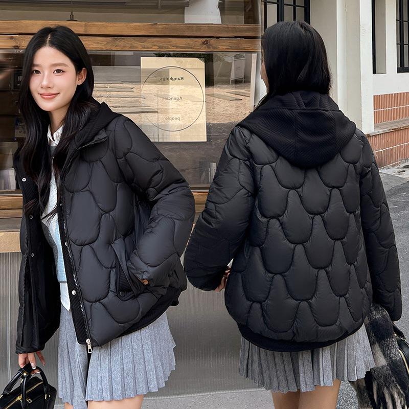 Fake two-piece knitted hooded down cotton clothes women's winter clothes new short wavy bread clothes thick jacket