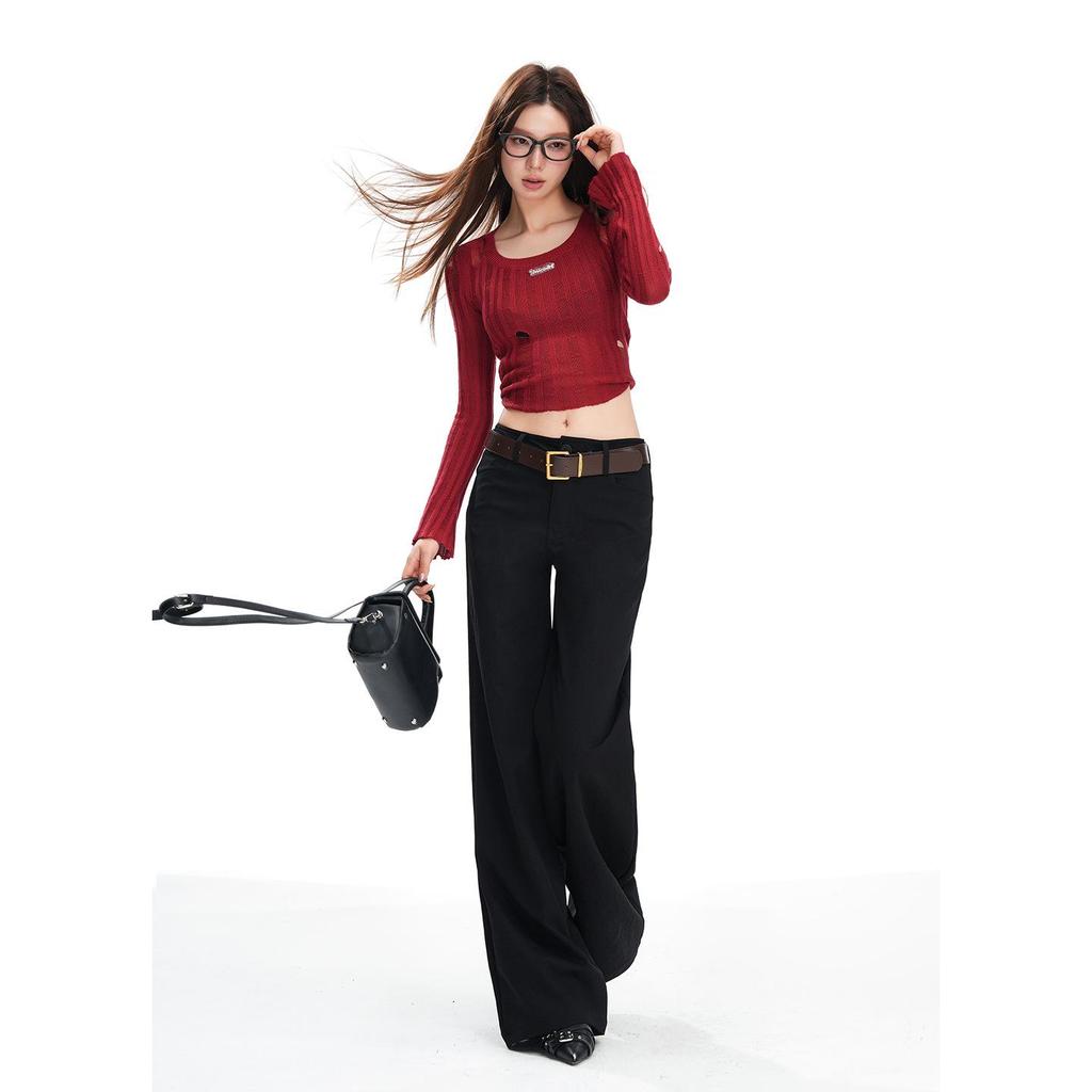 2026 Spring Slim-Fit American Style High-End Floor-Length Suit Pants - Black & White, Mid-Low Waist, Non-Clingy, Slimming Design