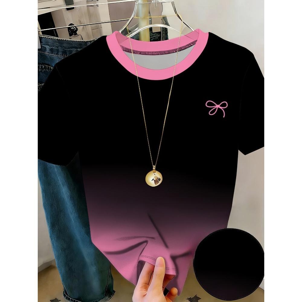 Summer Women’s Casual Fashion Stripe 3D Printed T-shirt Loose Breathable Plus-size Casual Sports Versatile Crew Neck Short-sleeve T-shirt S