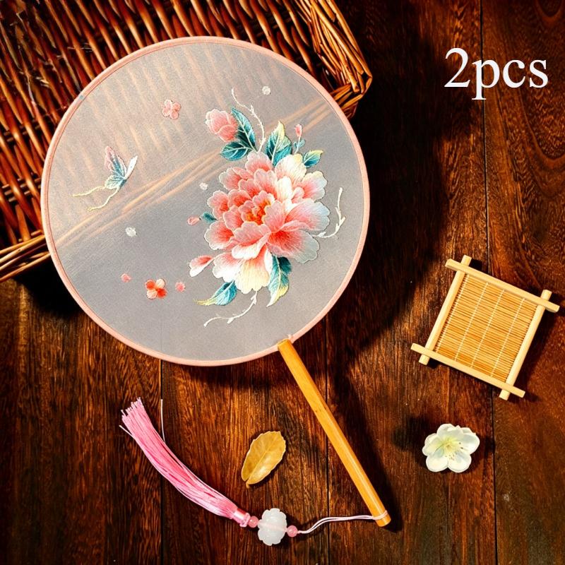 2Each Side of the Embroidered Peony Round Fan Features..8.27inch Tulle Fan Surface and5.9Inch Natural Wood Handle Offers a Smooth and Comfortable