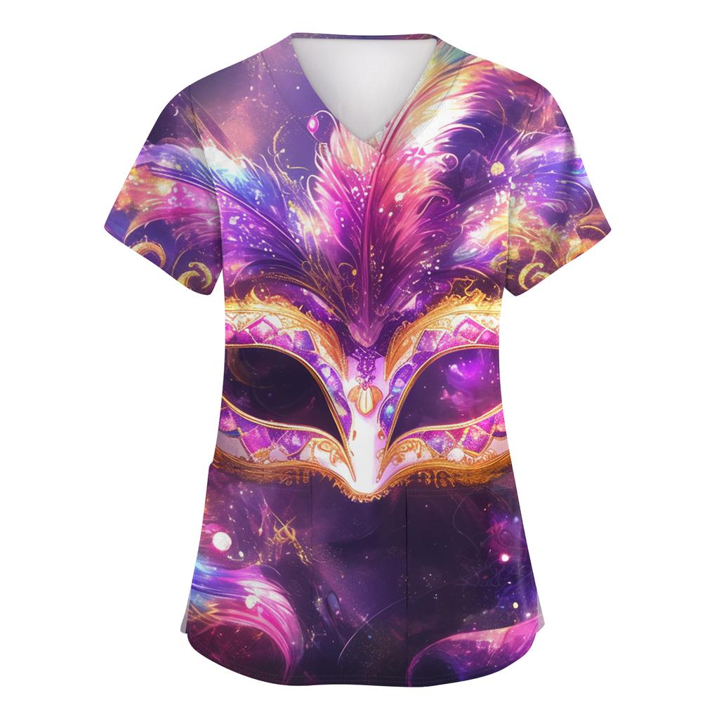 Women's Fashion Short-Sleeve Carnival Print V-Neck Pocket Workwear Top