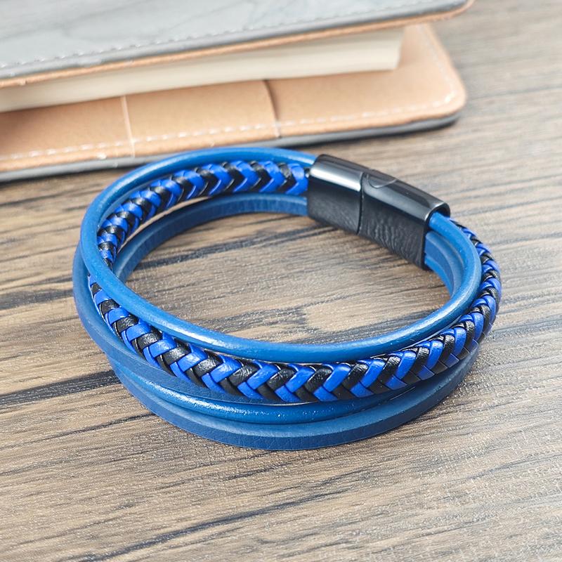 Men Bracelet Vintage Multilayer Blue Leather Stainless Steel Charm Wrist Bangle Luxury Male Jewelry Birthday Anniversary Gift