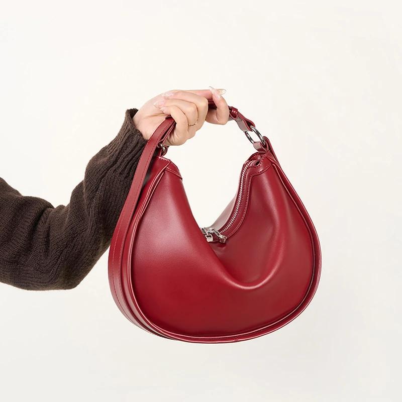Genuine Leather Half Moon Underarm Shoulder Bags For Women  Trend Designer Hobo Crossbody Bags Tote Ladies Handbags