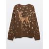Suéter de Punto Redondo Retro con Patrón de Ciervo y Puntos para Mujer Marrón Manga Larga Holgado Chic Otoño Invierno Lady Diario Calle Ropa Exterior
