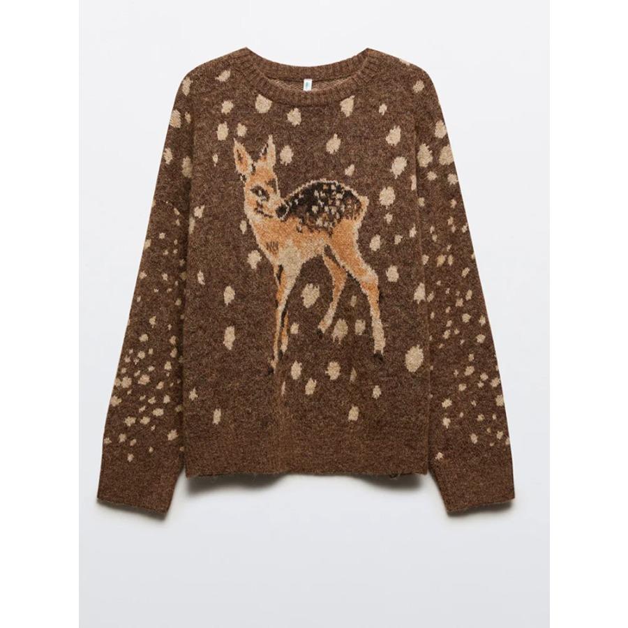 Suéter de Punto Redondo Retro con Patrón de Ciervo y Puntos para Mujer Marrón Manga Larga Holgado Chic Otoño Invierno Lady Diario Calle Ropa Exterior