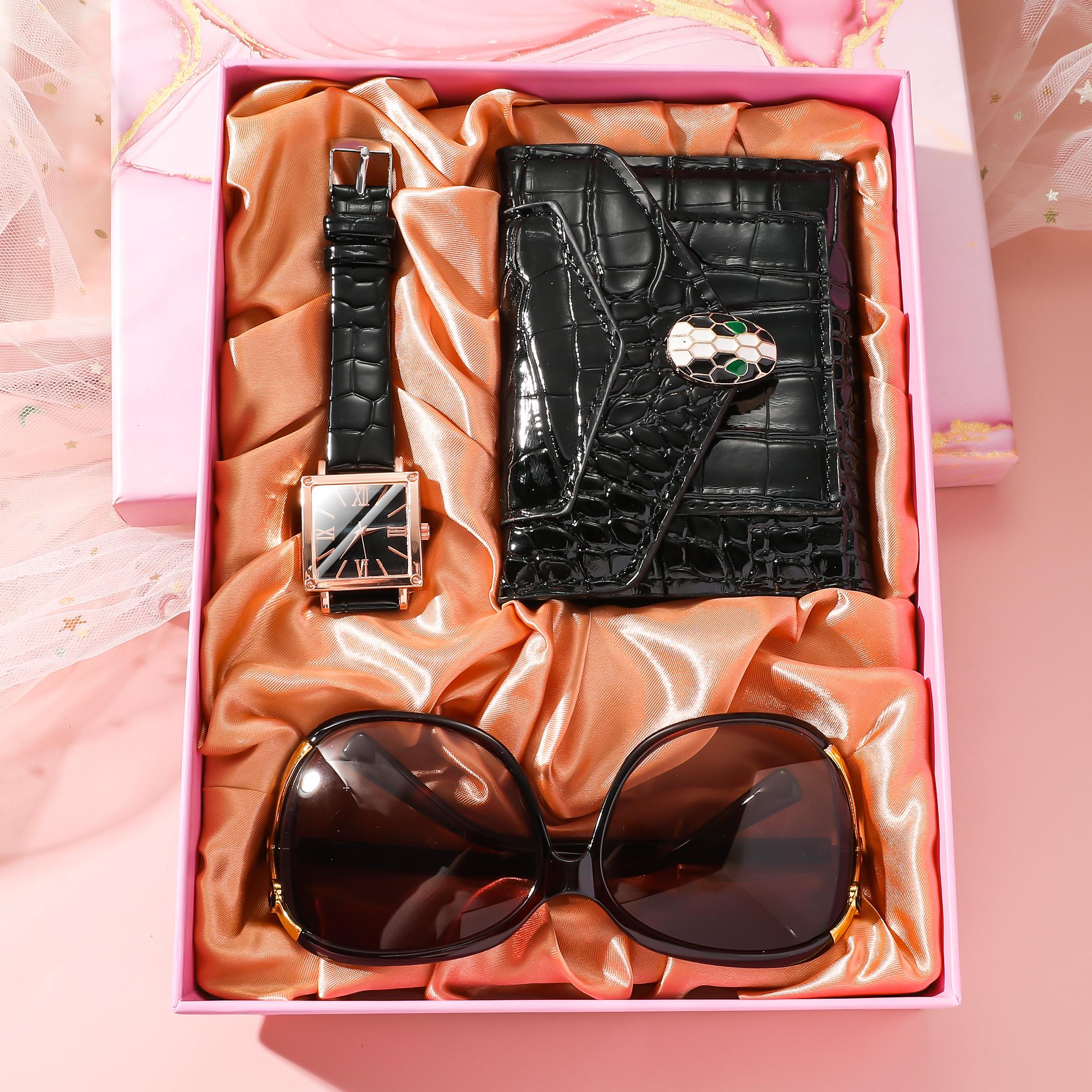 

Square emerald roman numeral leather strap watch wallet sunglasses three-piece gift box set чёрный