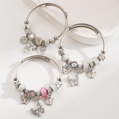 Panjia Dora Edelstahlarmband: Damen Verstellbares Armband mit Diamantperlen & Liebesanhänger.