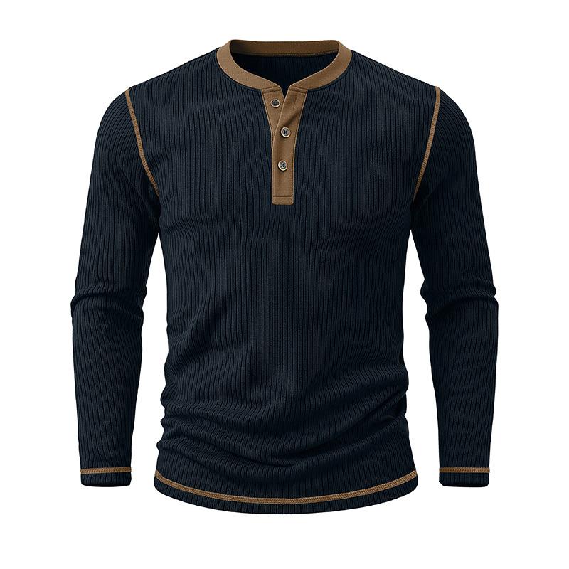 Men's Henry Neck Knit Long Sleeve T-Shirts Color Block Ribbed Casual Slim Fit Pullover Tops Autumn Winter Thermal Undershirts Men