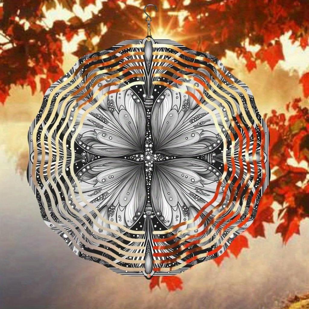 1pc Black and White Hand-Painted Mandala Rotating Wind Chime - Intricate Metal Design for All-Season Garden
