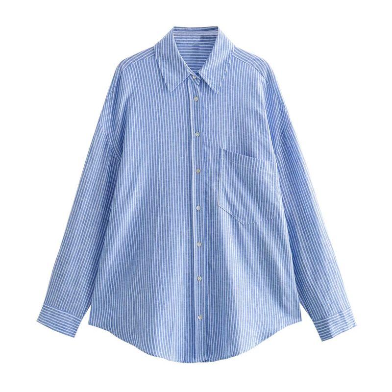Kaslead New Arrival Women's Fashion Style Fashion Loose Linen Blend Stripes Shirt 4387054