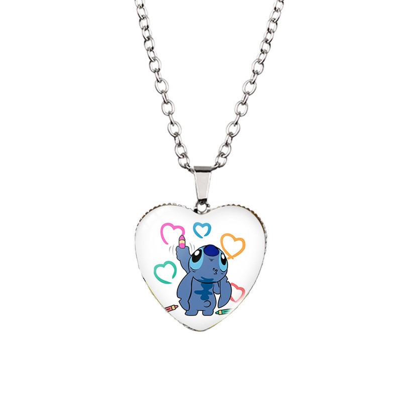 Adorable Stitch Cartoon Heart Necklace For Kids With Stunning Glass Pendant And Alloy Chain