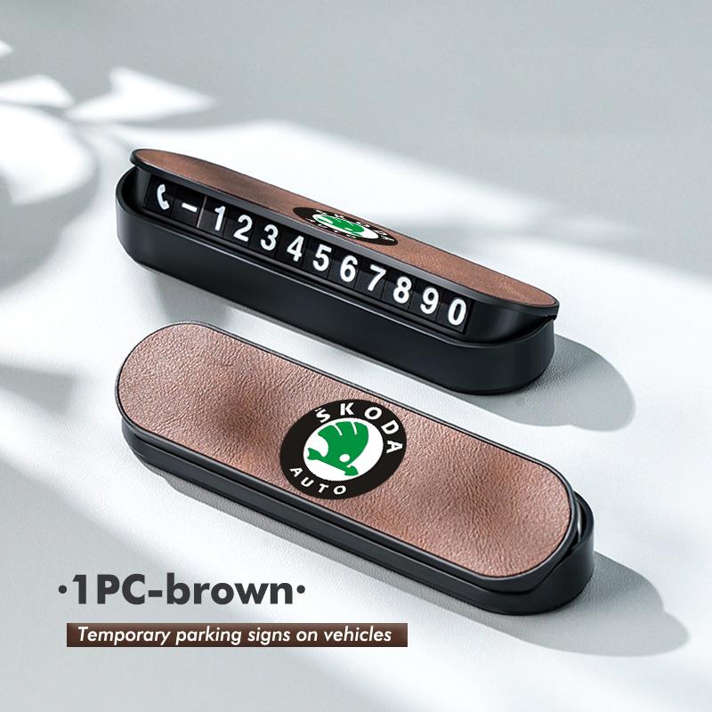 OENU7 Suede Leather Car Temporary Parking Card Phone Number Plate For Skoda Kamiq Karoq Octavia 2 3 Rapid Scala Kami Fabia VII VRS