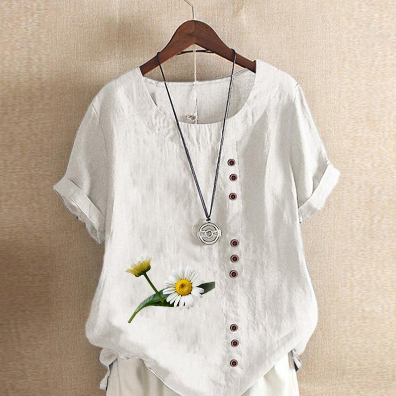 Women's Fashion Round Neck Short Sleeve T-shirt Casual Cotton Linen Graphic Shirt Chrysanthemum Prined Summer Blouse Tops Plus Size