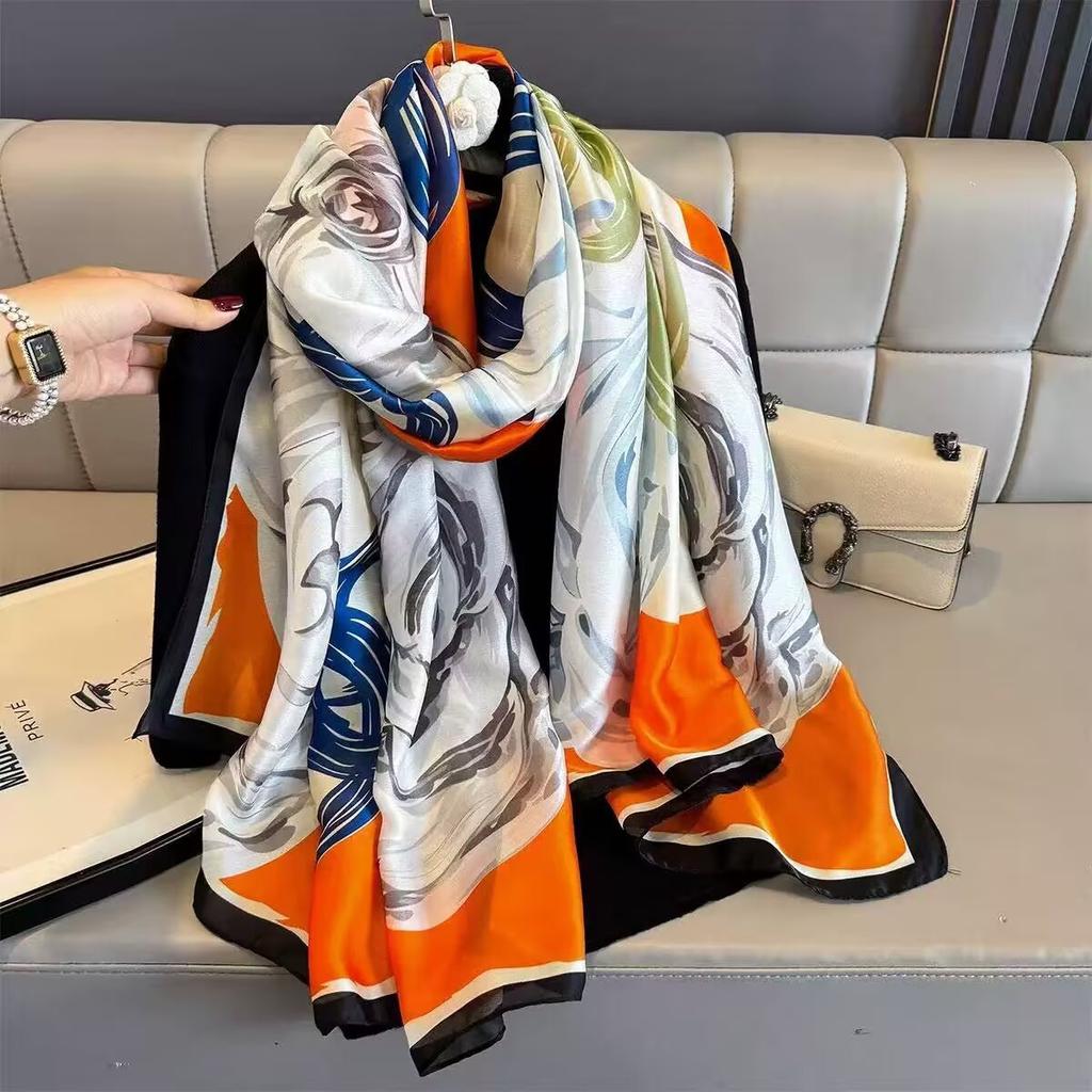Classic versatile silk scarf women's spring and autumn summer thin mulberry silk scarf long beige plaid shawl dual-purpose