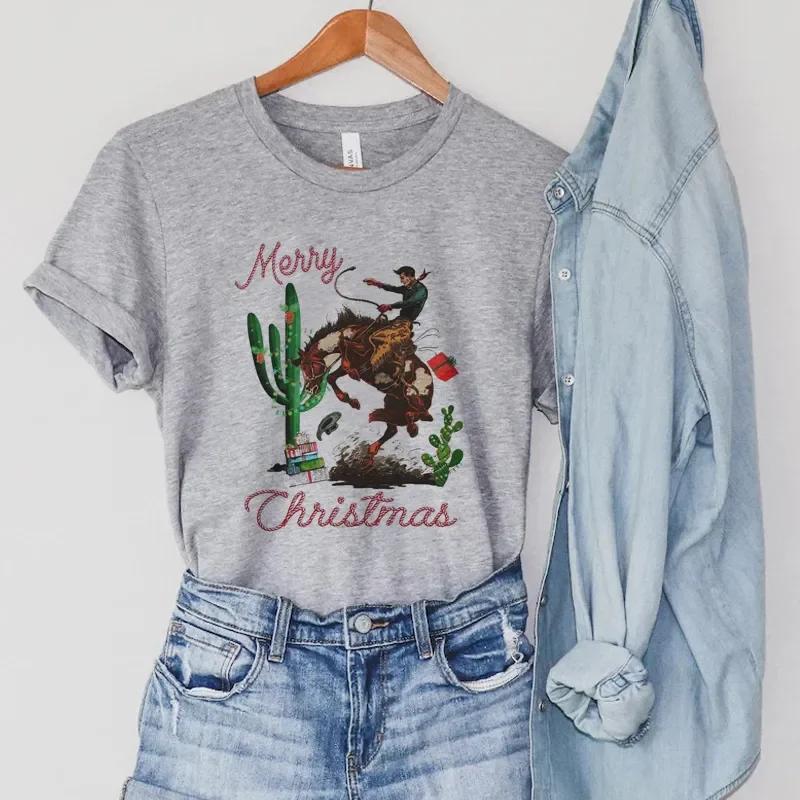 

Merry Christmas Cowboy Rodeo TShirt Women Cute Funny Holiday Graphic Tee Shirt Vintage Western Tshirt Female New Year Tops S