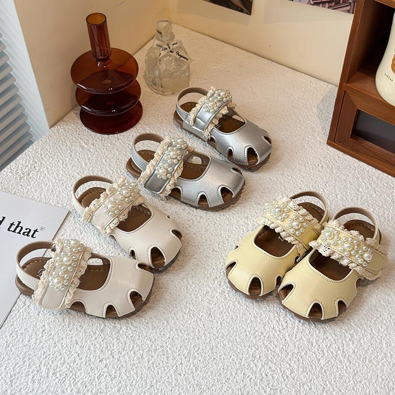 Girls' new summer princess shoes, Korean-style closed-toe sandals, soft-soled, non-slip, fashionable and versatile single shoes with pearls