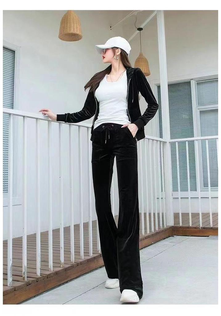 Golden Velvet Women's Casual Sports Suit - Autumn Fashion Sweatshirt & Flared Pants Set