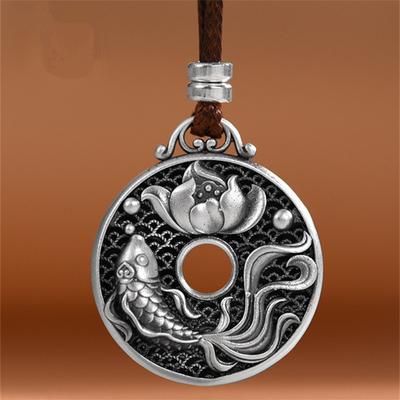 Retro Fish Lotus Pattern Buckle Pendant Necklace For Men Jewelry Lucky Clouds Fu Word Rope Necklace Women Blessing Sweater Chain