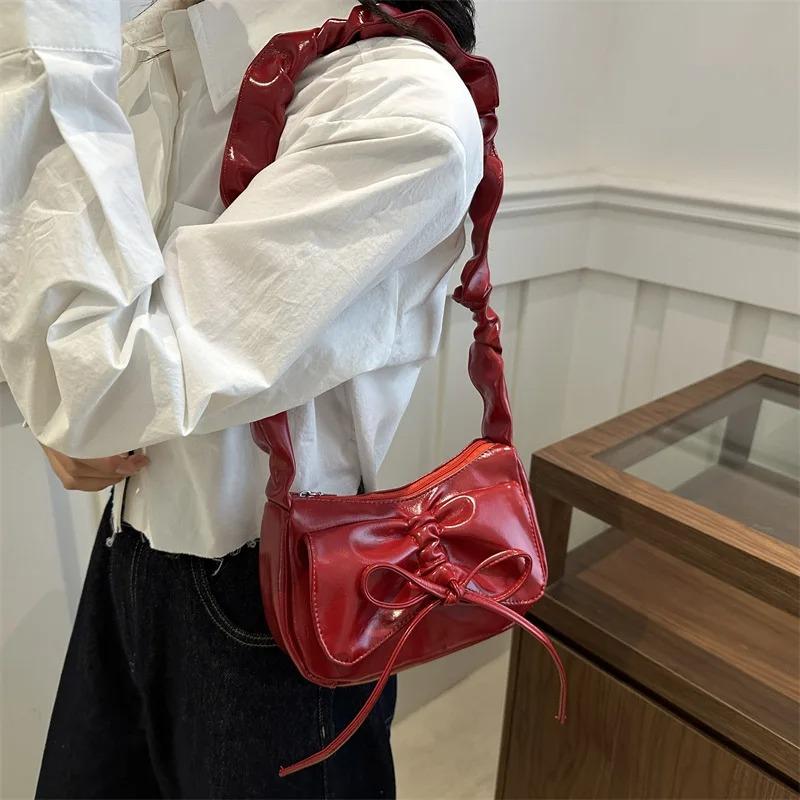 Soft PU Leather Women's Small Shoulder Bags Simple Ruched Design Ladies Underarm Bag Solid Color Bowknot Fashi Purse Handbags