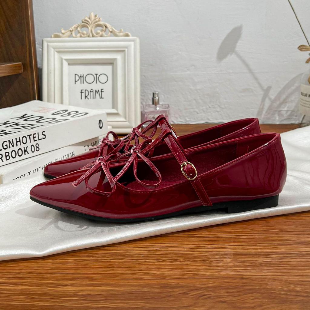 Yuanlitong pointed bow shallow mouth flat bottom Mary Jane single shoes women's banquet shoes women's outer wear temperament shoes women