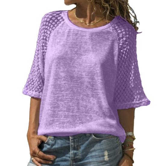 

Женские Топы Легкие Дышащие Сетчатые Рукава Дизайн С Пэчворком Свободный Крой Круглый Вырез Рукав 3/4 Летняя Повседневная Рубашка XL фиолетовый