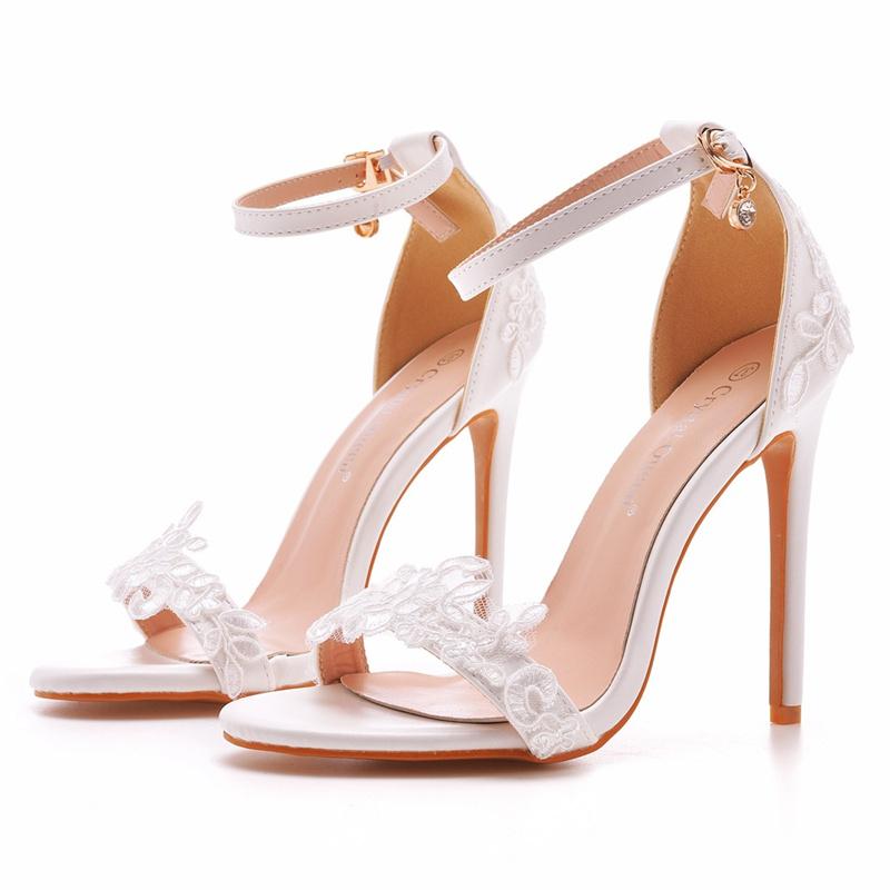 Sexy Ankle Strap Sandals Women Party Lace Decoration PU 11CM Thin Heels Buckle Strap Narrow Band Dress Women's Shoes White