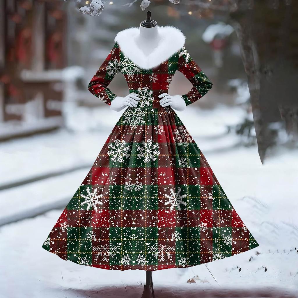 Women's Casual Dress Long-Sleeve V-Neck Patchwork Fleece Christmas Print Dress