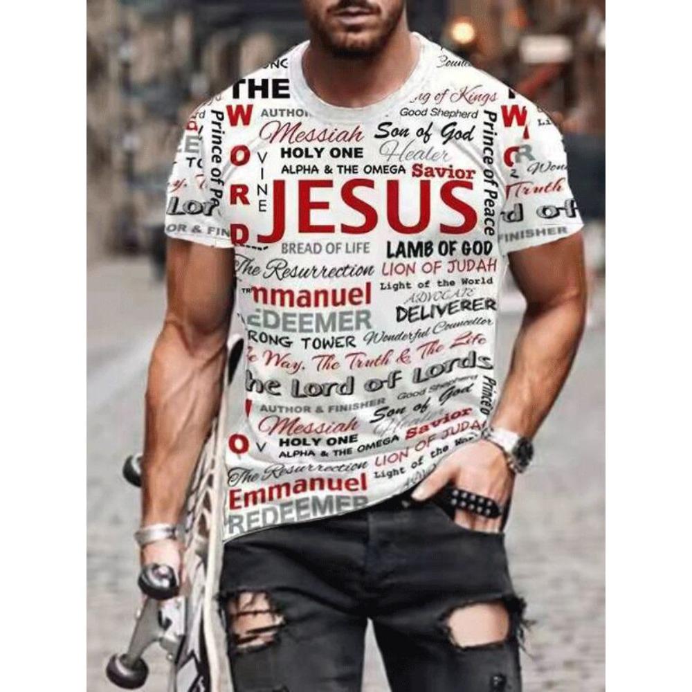 

New fashionable letter Jesus printed 3D graphic men s T-shirt fashionable street round neck short sleeved casual top T-shirt S