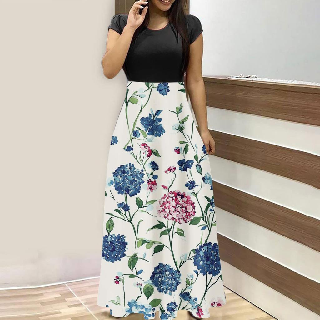 Damenmode Lässig Locker Bedruckt Rundhals Kurzarm Lange Kleider Kurzarm Lange Kleider