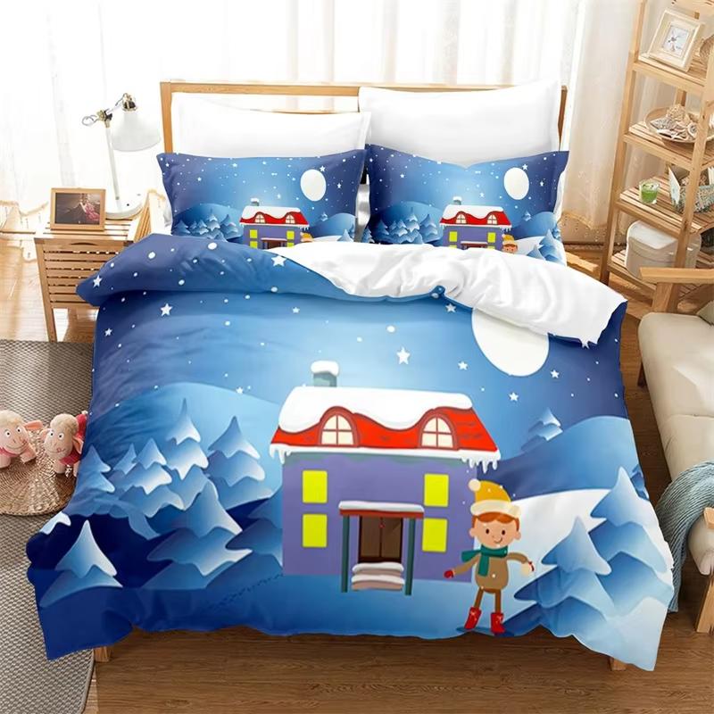 Comforter Christmas King Winter Theme Cartoon Bedding Set Microfiber Santa Claus Elk Carriage Comforter For Girl Boy