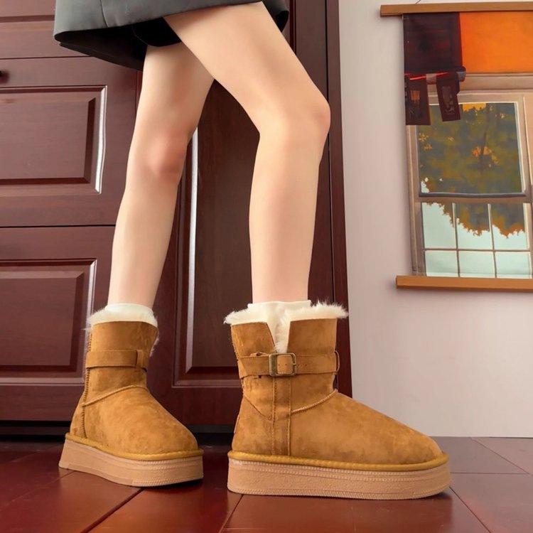 Thick-soled Non-slip Medium Tube Snow Boots Winter New Belt Buckle, Fleece Warm and Thickened Large Cotton Shoes