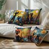 4PC Colorful Floral Black Cat Painting Style Single-Sided Printed Cushion Cover - Pillowcase (Insert Not Included)