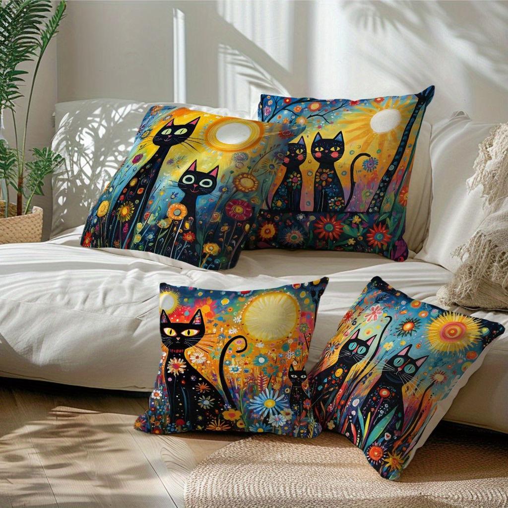 4PC Colorful Floral Black Cat Painting Style Single-Sided Printed Cushion Cover - Pillowcase (Insert Not Included)