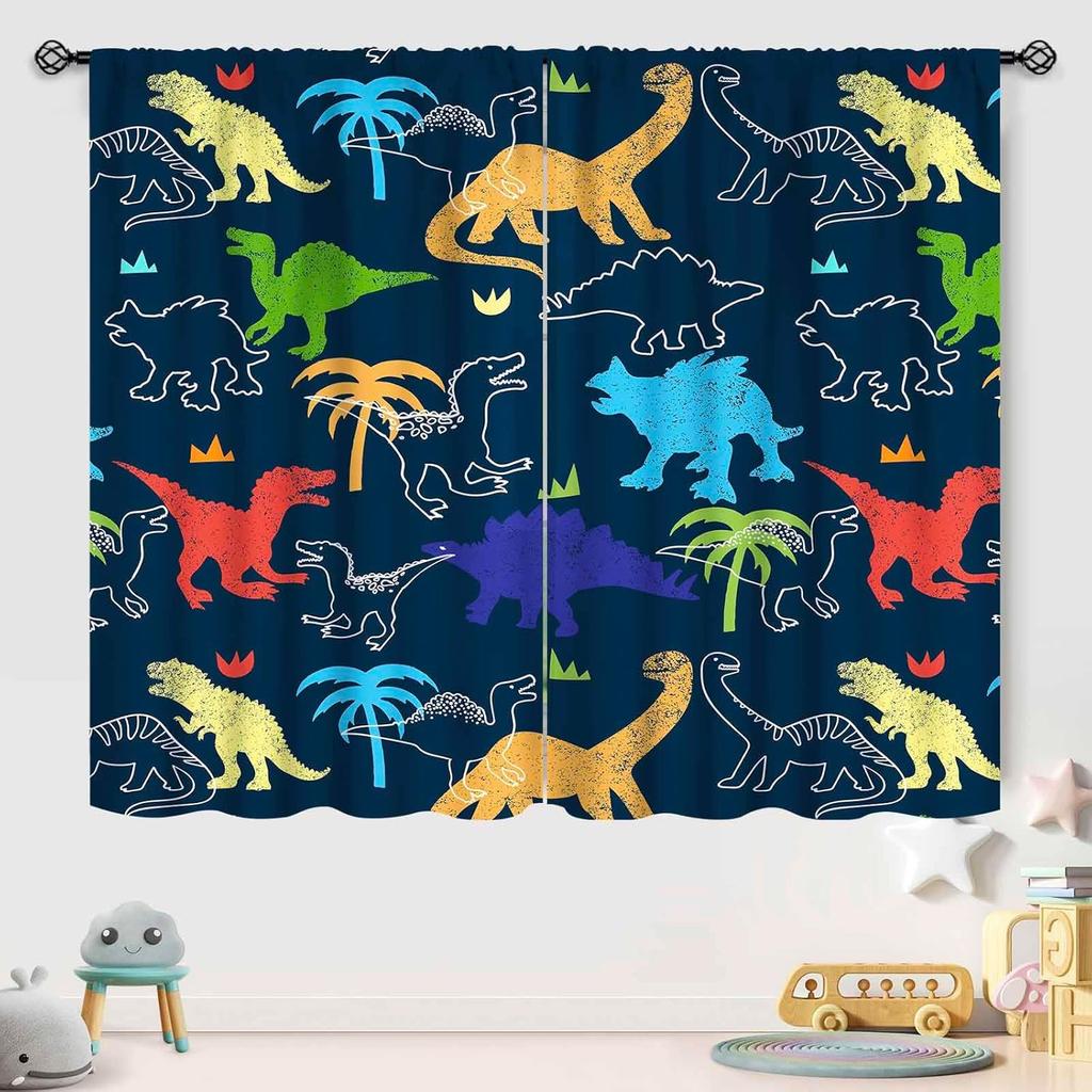 Boys Dinosaur Curtains,Cartoon Colorful Safari Animal Navy Blue Drapes Treatments For Boys Girls Children Nursery Living Room