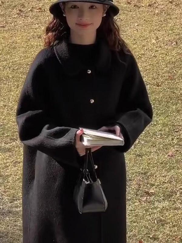 

Двустороннее шерстяное пальто, золотая пряжка кукольный воротник, однобортная золотая пряжка H-силуэт, новое боевое пальто, шерстяное пальто. M (120-70 kg) чёрный