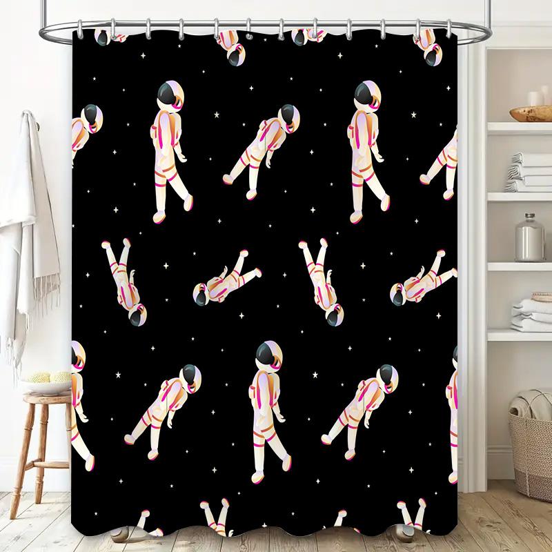 Outer Space Astronaut Shower Curtain Black Background with Pink Accents Perfect for Bathroom Decor